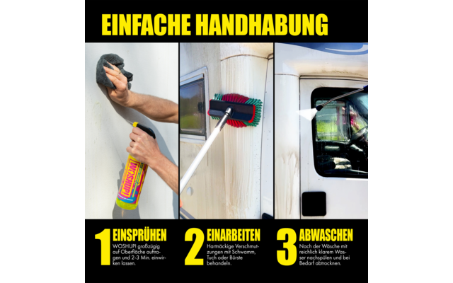 Person sprüht Schaumreiniger auf eine Oberfläche, daneben ein Mop mit rotem und grünem Wischkopf und ein weißes Auto im Hintergrund