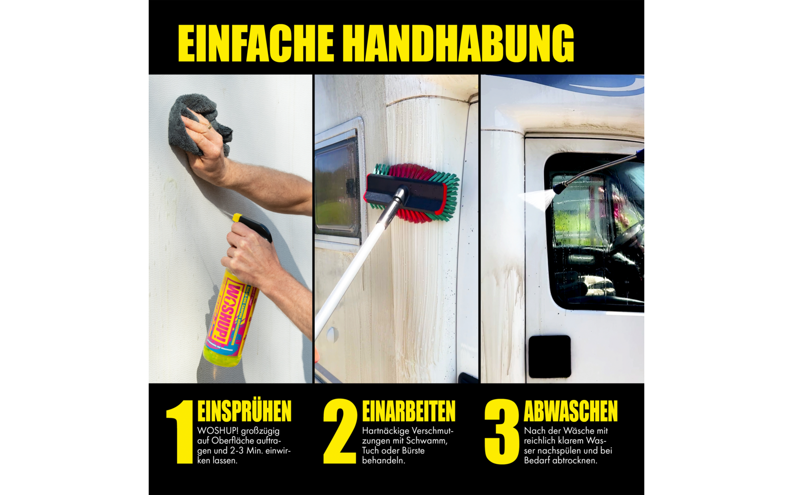 Person sprüht Schaumreiniger auf eine Oberfläche, daneben ein Mop mit rotem und grünem Wischkopf und ein weißes Auto im Hintergrund