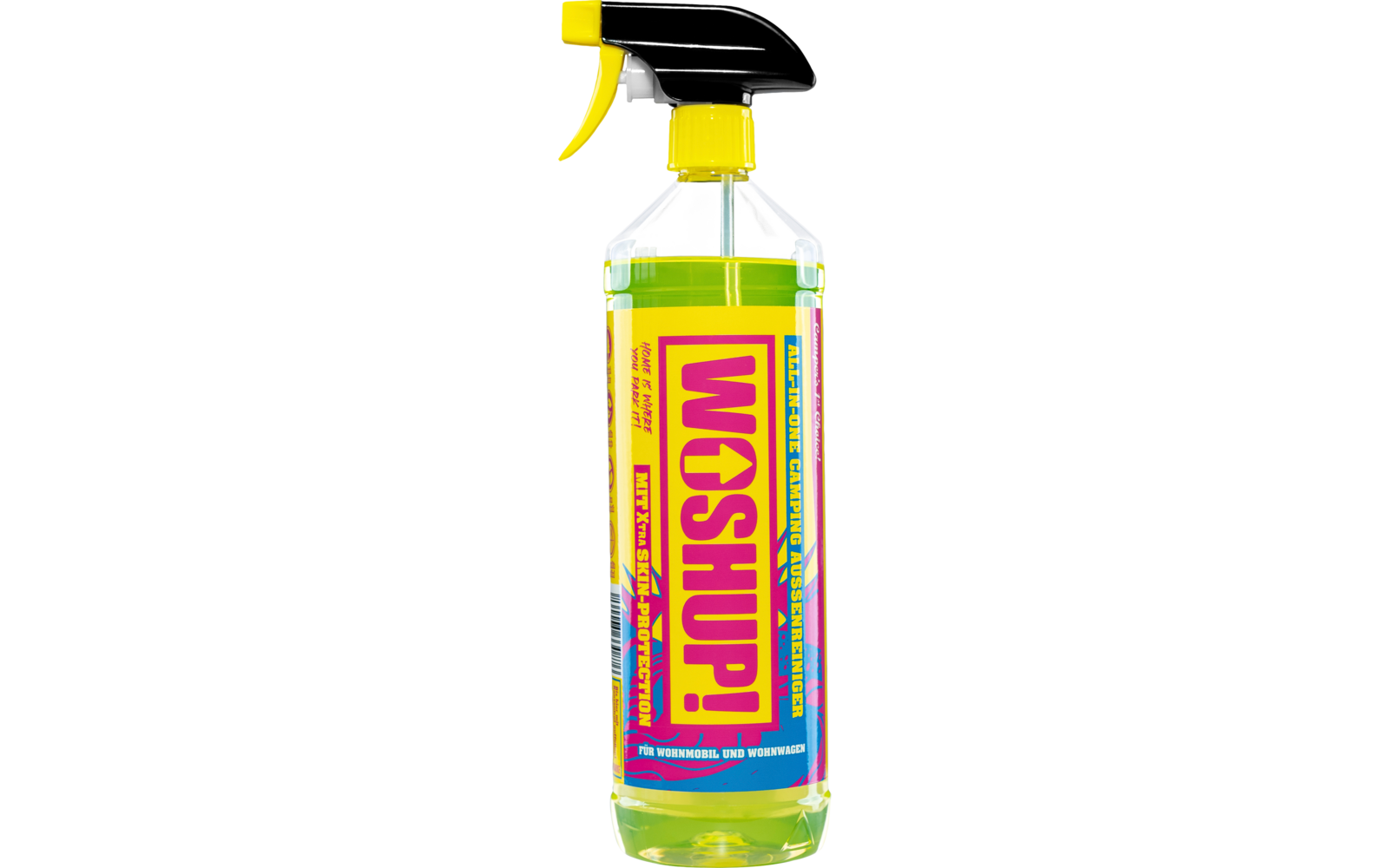Sprühflasche mit gelb-grünem Reinigungsmittel und gelb-schwarzem Sprühkopf