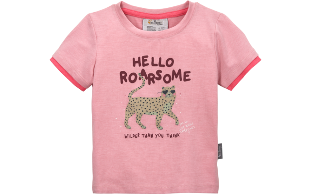 Rosa Kinder-T-Shirt mit aufgedrucktem grün gepunktetem Tier mit Sonnenbrille, großem Schriftzug "HELLO ROARSOME" und kleinem Text "WILDER THAN YOU THINK"