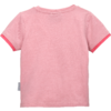 Rosa kurzärmeliges T‑Shirt, Rückansicht, dunkelpinke Saumkanten an den Ärmeln, kleines graues Stoffetikett an der linken Seitennaht