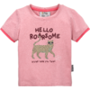 Rosa Kinder-T-Shirt mit aufgedrucktem grün gepunktetem Tier mit Sonnenbrille, großem Schriftzug "HELLO ROARSOME" und kleinem Text "WILDER THAN YOU THINK"