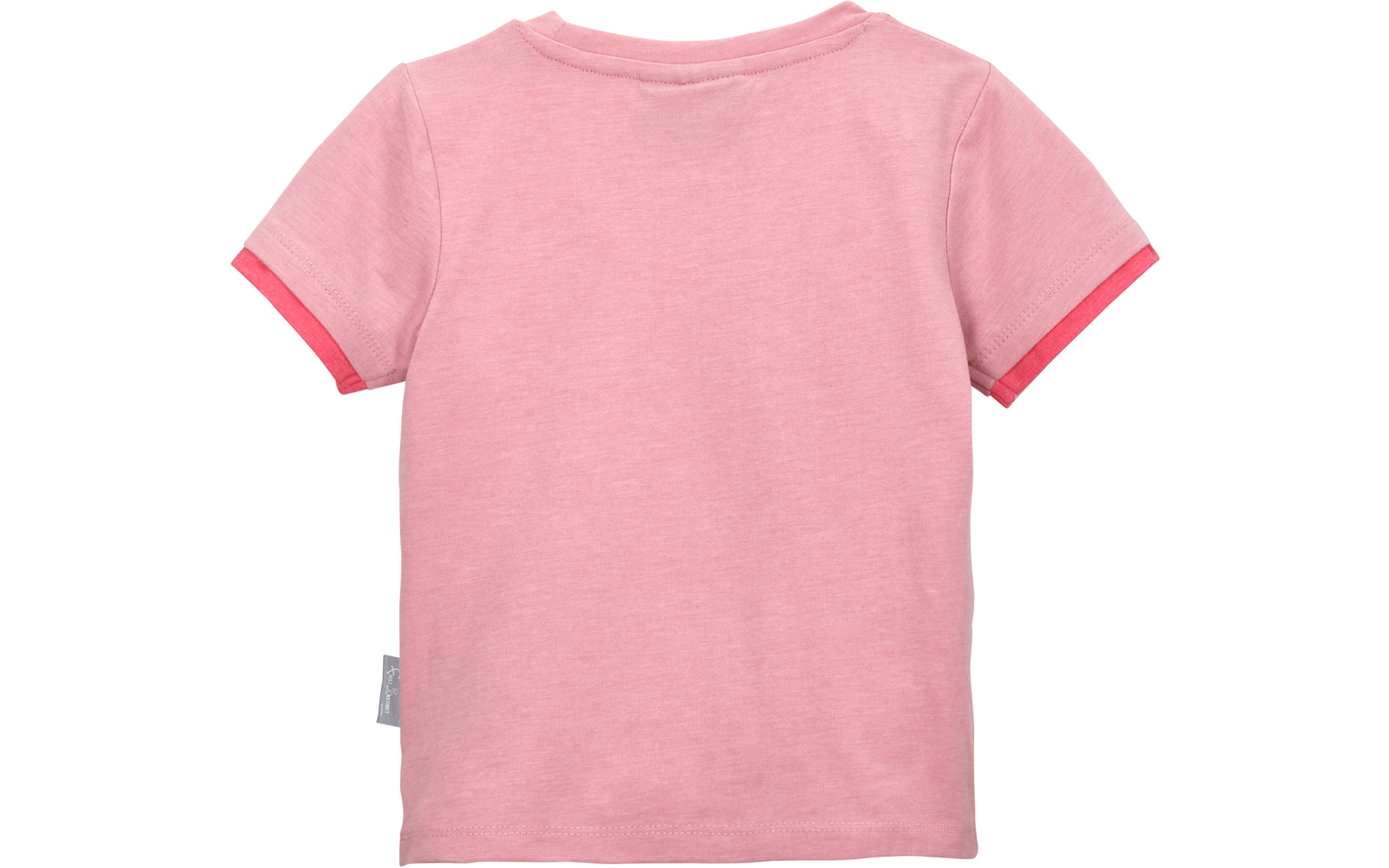 Rosa kurzärmeliges T‑Shirt, Rückansicht, dunkelpinke Saumkanten an den Ärmeln, kleines graues Stoffetikett an der linken Seitennaht
