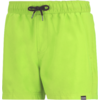 Neongrüne Shorts mit elastischem Bund, schwarzer Kordel in Schleife, vorderer Naht und kleinem schwarzem Etikett unten rechts auf weißem Hintergrund