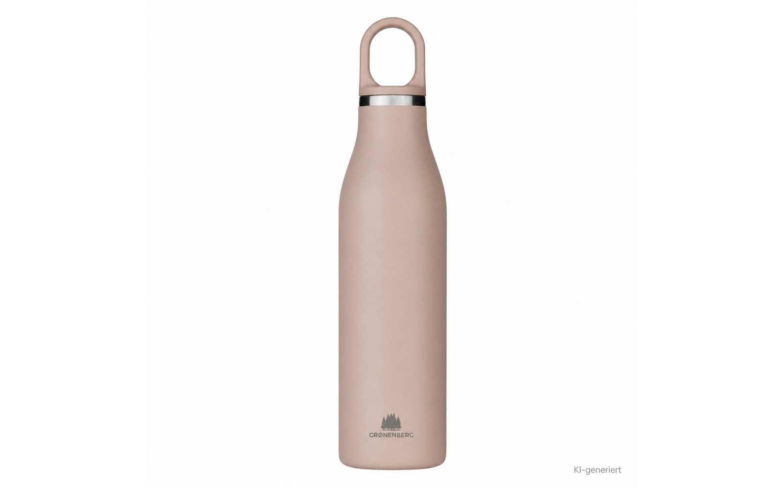 Beige, schlanke Trinkflasche stehend auf weißem Hintergrund, Deckel mit Trageschlaufe und silbernem Ring; Berglogo und Schriftzug GRONENBERG unten; Schriftzug KI-generiert unten rechts