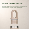 Beiger Schraubverschluss mit großem ovalem Tragegriff schwebend über dem oberen Rand einer beigen Flasche; links oben grüner Schriftzug "HOHER TRINKKOMFORT" und eine kleinere graue Textzeile darunter