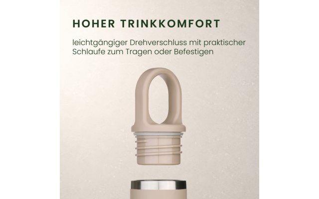 Beiger Schraubverschluss mit großem ovalem Tragegriff schwebend über dem oberen Rand einer beigen Flasche; links oben grüner Schriftzug "HOHER TRINKKOMFORT" und eine kleinere graue Textzeile darunter