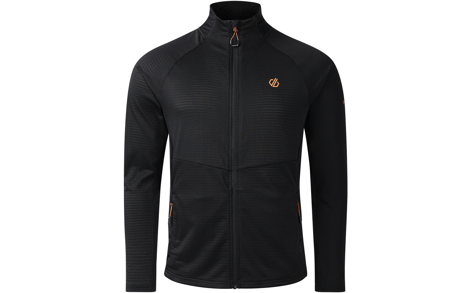 Schwarze Jacke, Frontalansicht, durchgehender Reißverschluss, Stehkragen, lange Ärmel, zwei seitliche Reißverschlusstaschen mit orangefarbenen Zippern und kleines orangefarbenes Logo auf der linken Brust