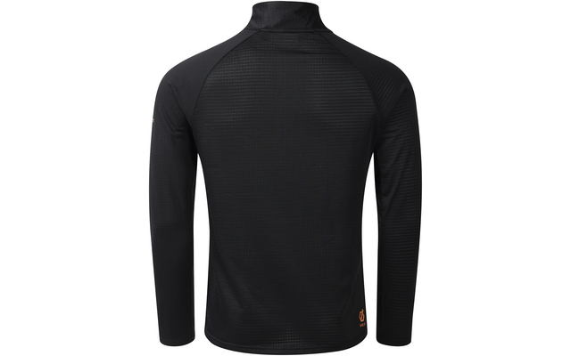 Rückansicht eines schwarzen Langarmshirts mit Stehkragen, feiner Struktur im Stoff und kleinem orangefarbenem Logo unten rechts auf weißem Hintergrund