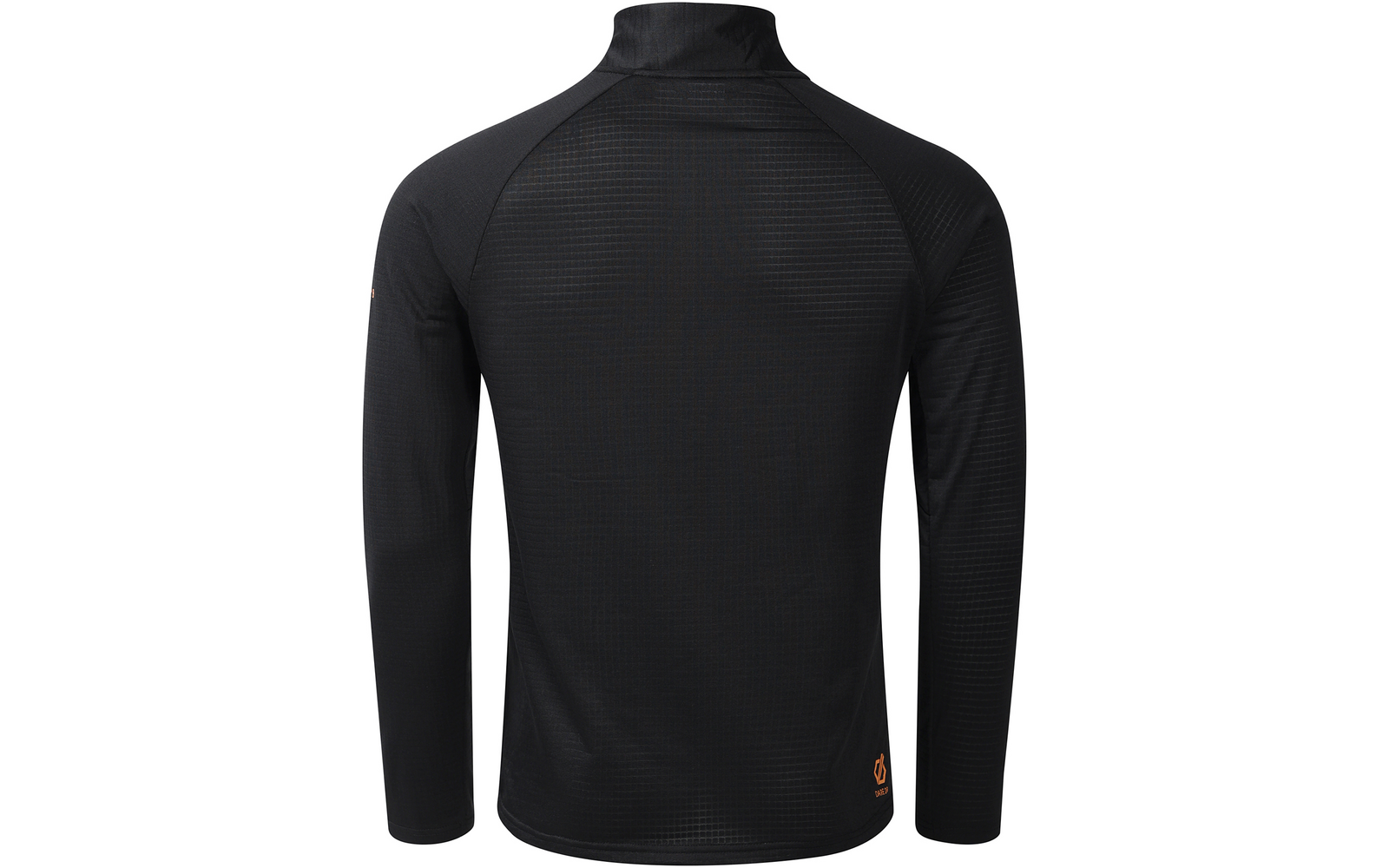 Rückansicht eines schwarzen Langarmshirts mit Stehkragen, feiner Struktur im Stoff und kleinem orangefarbenem Logo unten rechts auf weißem Hintergrund