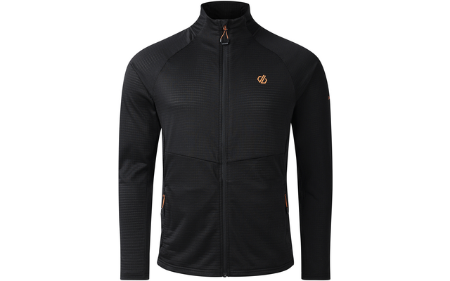 Schwarze Jacke, Frontalansicht, durchgehender Reißverschluss, Stehkragen, lange Ärmel, zwei seitliche Reißverschlusstaschen mit orangefarbenen Zippern und kleines orangefarbenes Logo auf der linken Brust