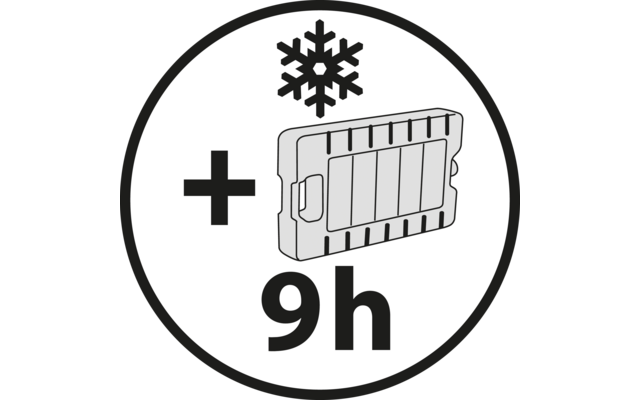 Schwarzer Kreis mit weißem Hintergrund, oben ein Schneeflockensymbol, links ein Pluszeichen, rechts ein rechteckiges Objekt mit Griff und Rillen, unten die Zahl 9h