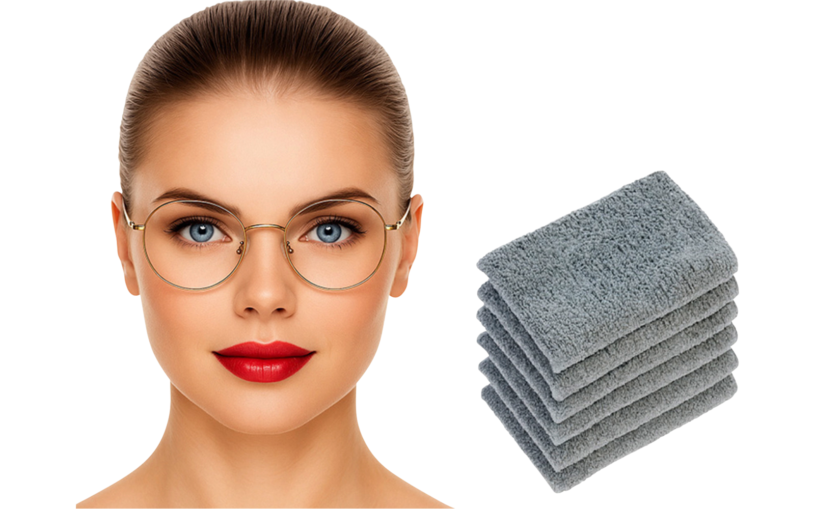 Links Kopf einer Person mit zurückgebundenen Haaren, runder goldener Brille und rotem Lippenstift; rechts ein Stapel von fünf grauen Tüchern mit dem Text '5er Set' auf weißem Hintergrund