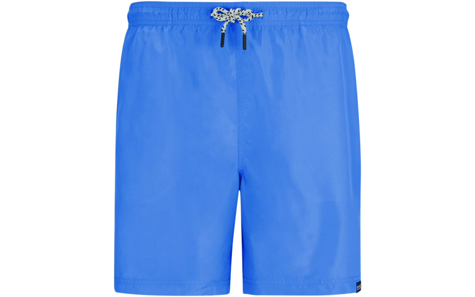 Short de bain bleu avec taille élastique et cordon blanc et noir, petite étiquette noire en bas à droite de l'ourlet