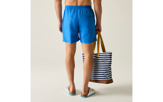 Vue arrière d'une personne à partir de la taille, portant un short de bain bleu et des sandales blanches, tenant un sac rayé bleu marine et blanc avec anses jaunes et fond marron