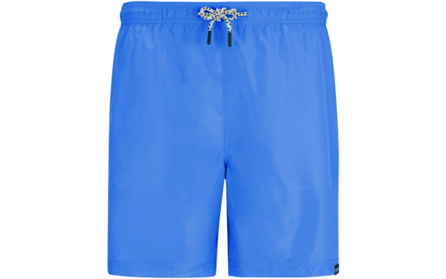 Short de bain bleu avec taille élastique et cordon blanc et noir, petite étiquette noire en bas à droite de l'ourlet