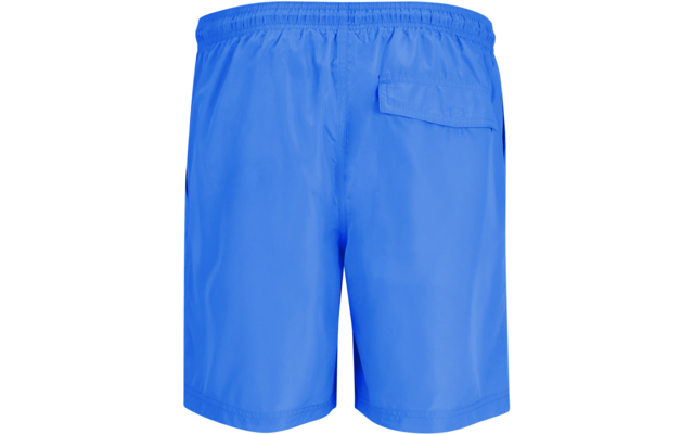 Short de bain bleu, vue de dos, taille élastique et une poche à rabat à droite