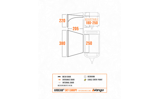 Linienzeichnung eines Vorzelts mit Maßangaben in cm (220, 205, 380, 250, einstellbar 180–250), Seiten- und Draufsicht, Legende mit Symbolen für Mesh-Tür, Eingangstür, Innentür, Schlafzimmer und Kabeldurchführung, Schriftzug ‚Airbeam Sky Canopy‘ und ‚