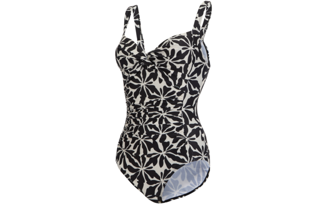 Maillot une-pièce noir et blanc à motif floral, détail noué à la poitrine, fronces à la taille et bretelles