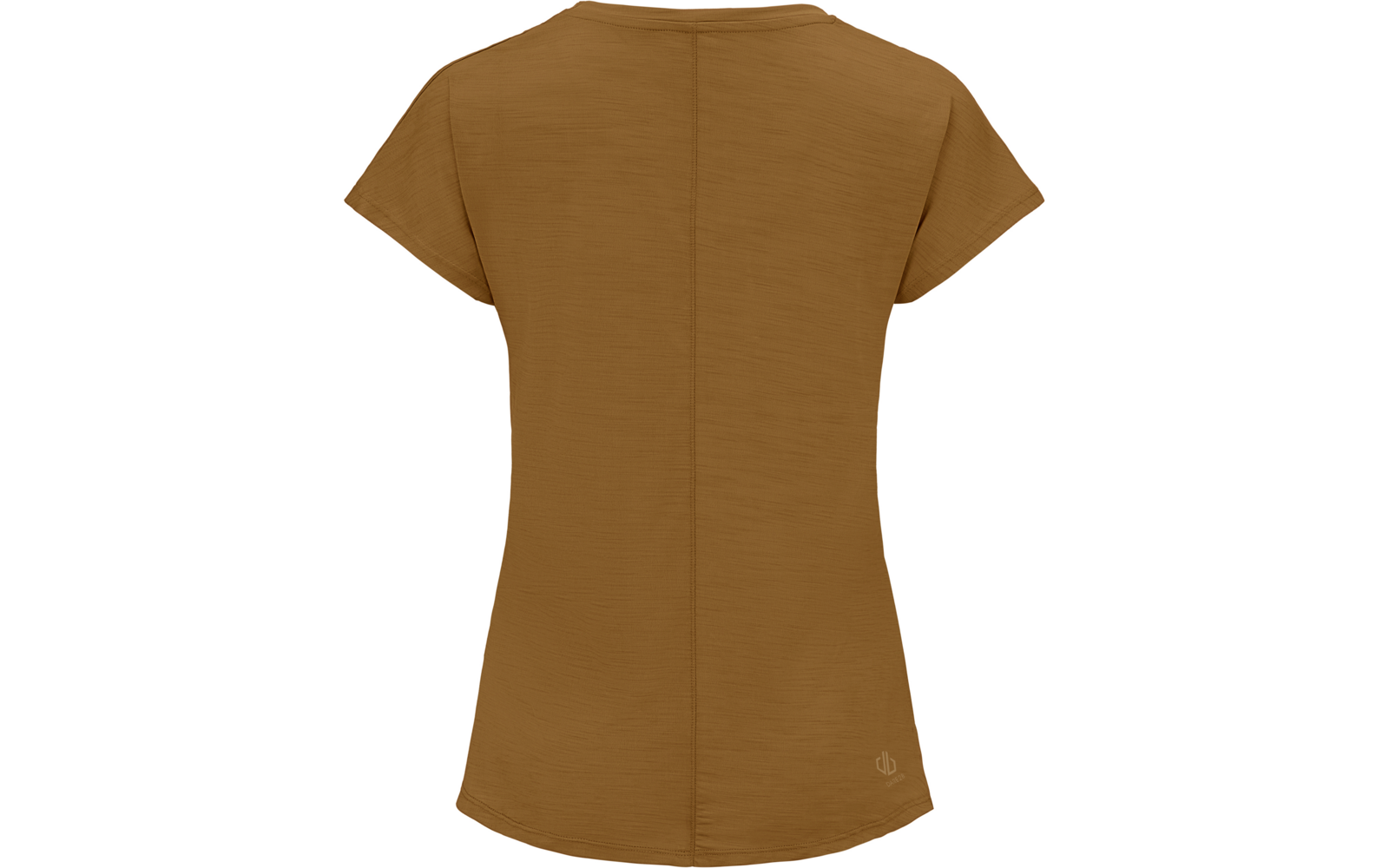 Rückansicht eines braunen Kurzarmshirts mit Mittelnaht, Rundhalsausschnitt, leicht gebogenem Saum und kleinem Logo unten rechts