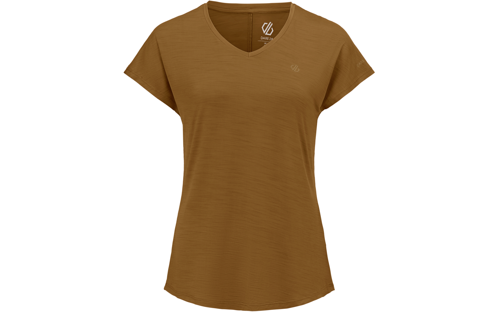 Braunes T-Shirt mit V-Ausschnitt, kurzen Ärmeln, leicht gerundetem Saum, kleinem Logo auf der linken Brust und sichtbar angebrachtem Logoetikett im Nacken