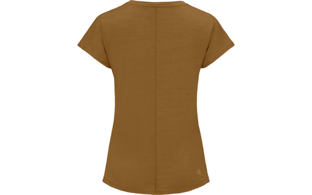 Rückansicht eines braunen Kurzarmshirts mit Mittelnaht, Rundhalsausschnitt, leicht gebogenem Saum und kleinem Logo unten rechts