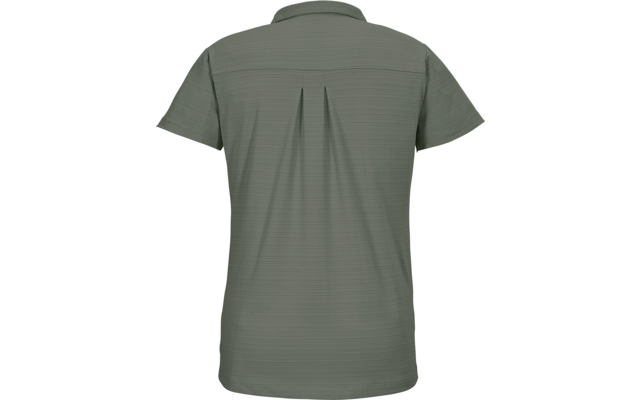 Rückansicht eines olivgrünen Poloshirts mit kurzen Ärmeln, Kragen und einer vertikalen Falte in der Rückenmitte