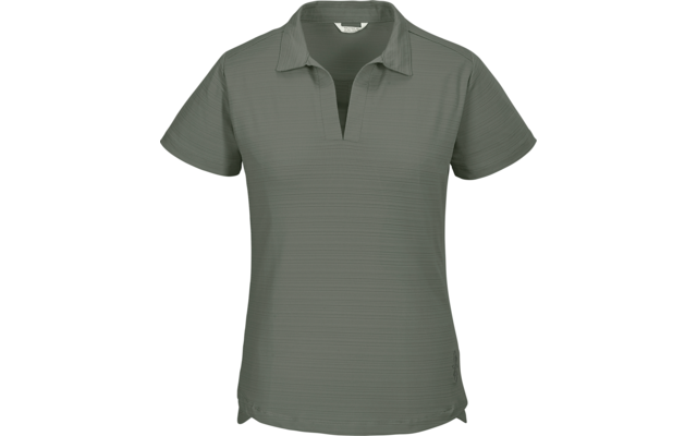 Olivgrünes kurzärmliges Poloshirt mit Kragen, V‑Ausschnitt, feiner horizontaler Struktur und seitlichen Saumschlitzen