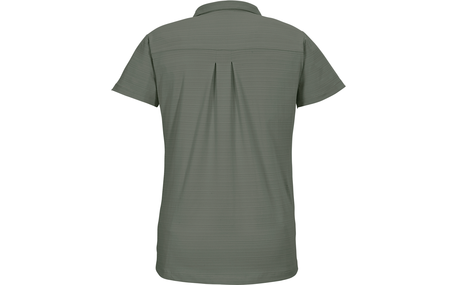 Rückansicht eines olivgrünen Poloshirts mit kurzen Ärmeln, Kragen und einer vertikalen Falte in der Rückenmitte