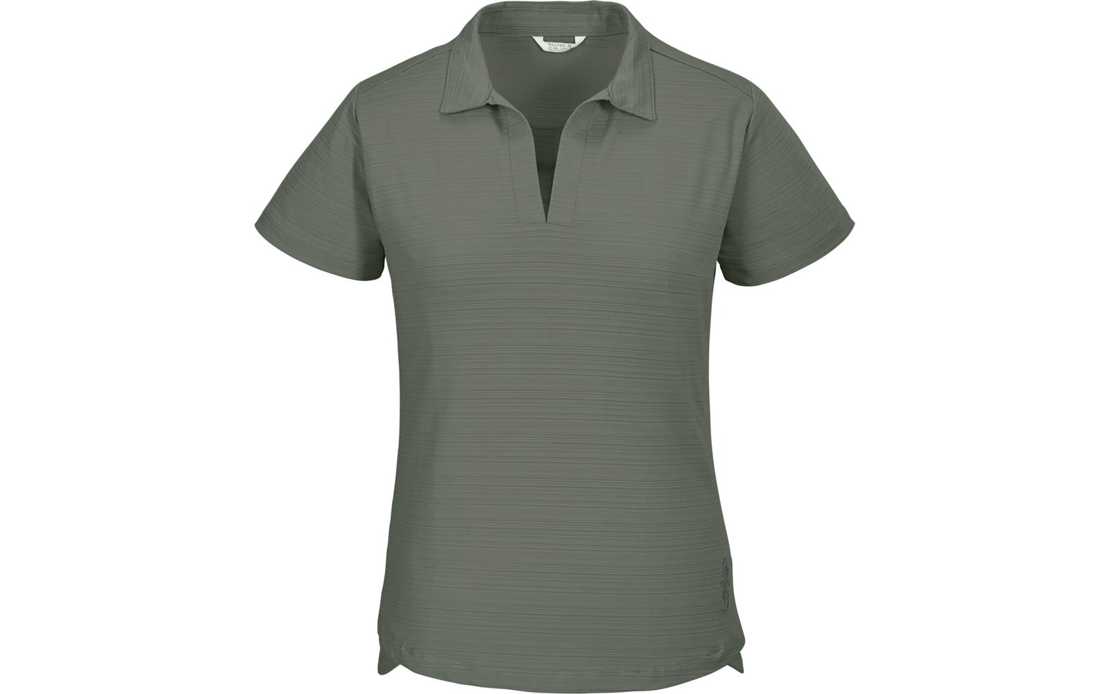 Olivgrünes kurzärmliges Poloshirt mit Kragen, V‑Ausschnitt, feiner horizontaler Struktur und seitlichen Saumschlitzen