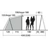 Schematische Seitenansicht eines Zelts mit Maßen in Zentimetern: Bereiche 120, 115, 180 cm; rechter Abschnitt 35 (80) cm; Gesamtlänge 450 (530) cm; Höhenangaben 190/Inner 180, 155/Inner 145, 85 cm; drei schwarze Menschensilhouetten, eine trägt ein Ki