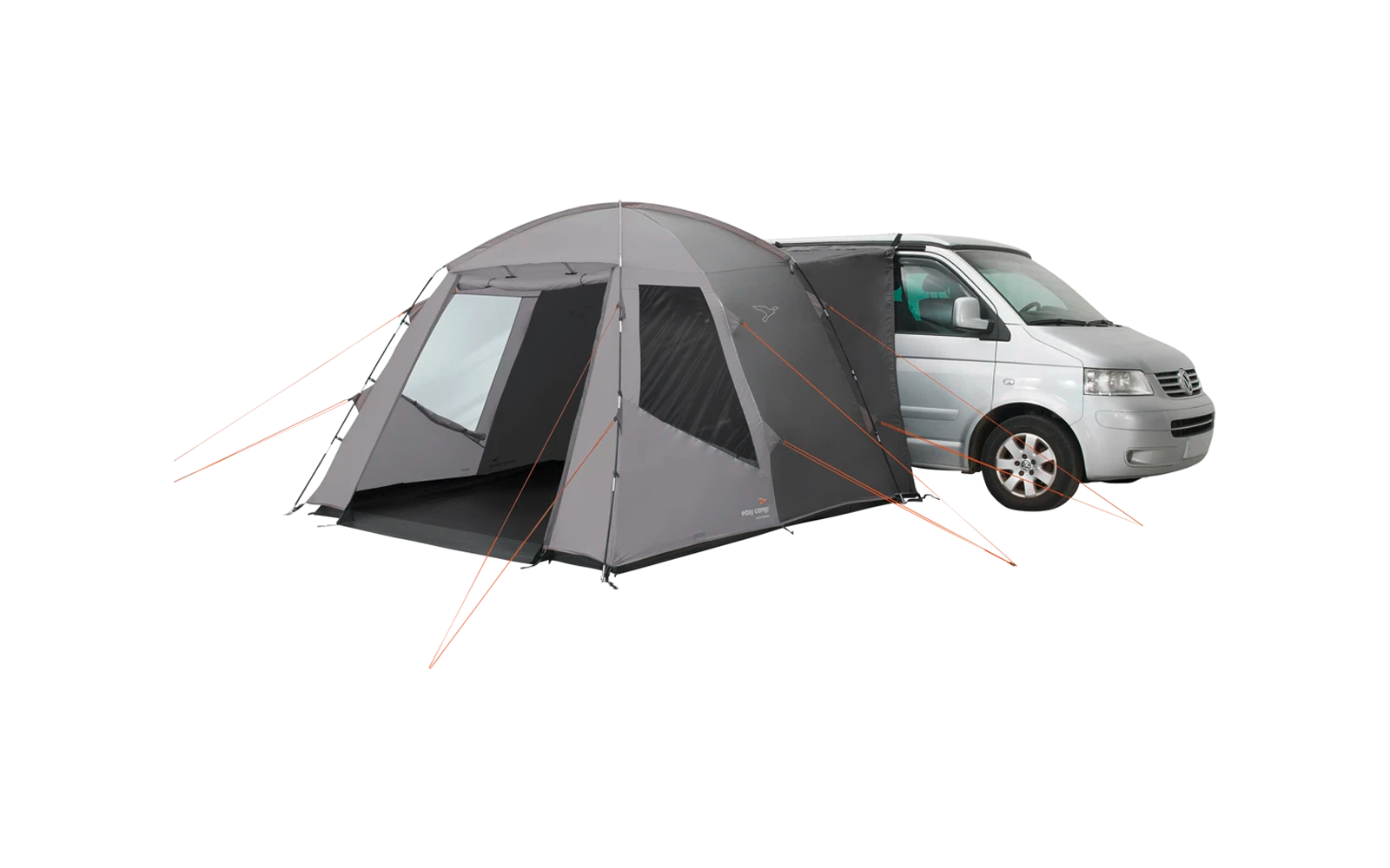 Graues Vorzelt, das an einem weißen Wohnmobil befestigt ist