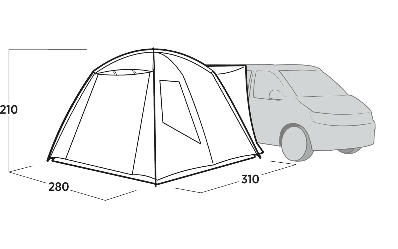 Wohnmobil mit angebautem Zelt, Maße 290 cm x 310 cm