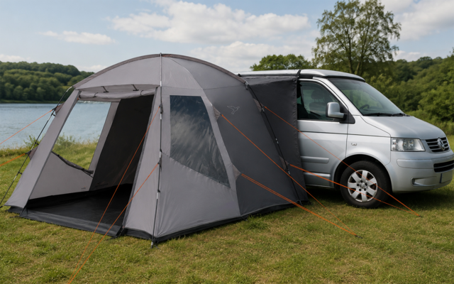 Gray tent attached to a silver van on grass beside a lake, trees in the background and cloudy sky