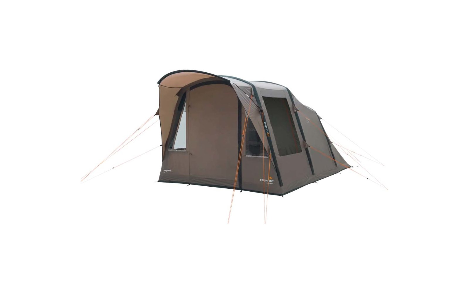 Braunes und graues Campingzelt mit großem Eingangsbereich auf einer weißen Fläche