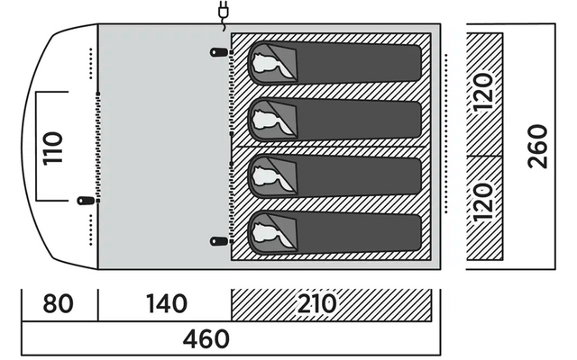 Technische Zeichnung eines rechteckigen Geräts mit vier beschrifteten Steckplätzen und Maßangaben