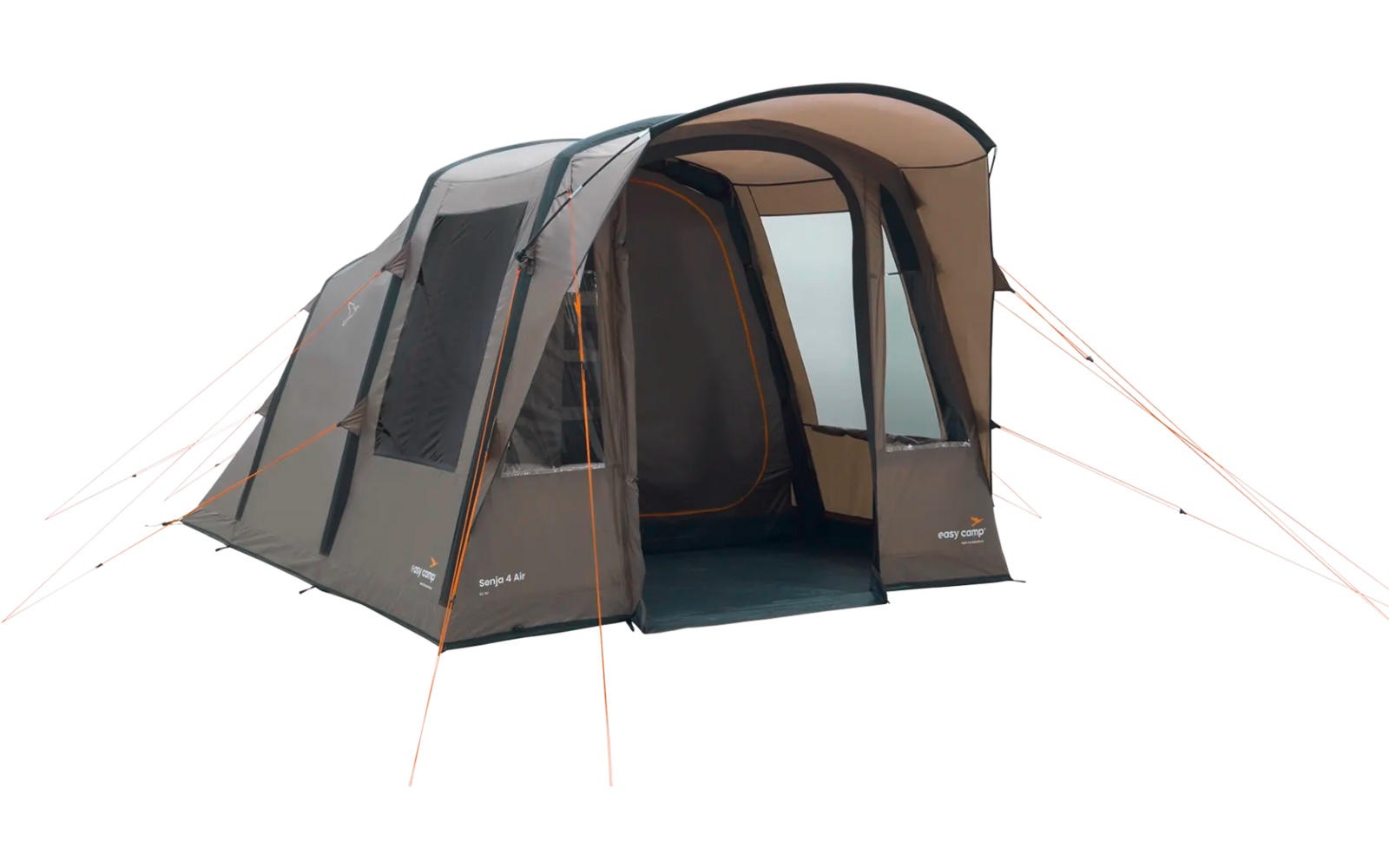 Grande tenda grigia con ingresso aperto, montata su sfondo bianco