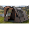 Gray camping tent with awning, clear windows and orange guy lines on grass by a lake with mountains in the background