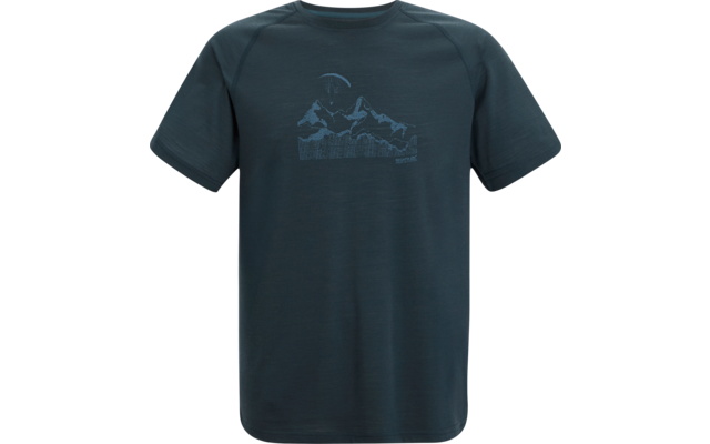 Dunkelblau-grünes T-Shirt mit kurzen Ärmeln und Frontdruck: Bergsilhouette, Kreis darüber und horizontales Muster darunter