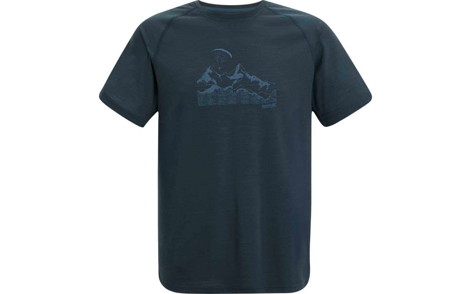 Dunkelblau-grünes T-Shirt mit kurzen Ärmeln und Frontdruck: Bergsilhouette, Kreis darüber und horizontales Muster darunter