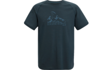 T-shirt à manches courtes bleu-vert foncé avec impression sur le devant : silhouette de montagne, cercle au-dessus et motif horizontal en dessous