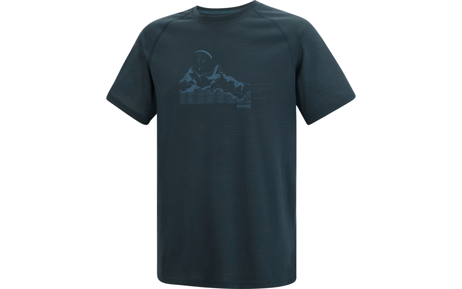 Dunkelblaues kurzärmeliges T‑Shirt mit zentriertem hellblauem Bergmotiv, Halbkreis über den Bergen und kleinem Text unter dem Motiv