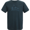 Dunkelblau-grünes T-Shirt mit kurzen Ärmeln und Frontdruck: Bergsilhouette, Kreis darüber und horizontales Muster darunter