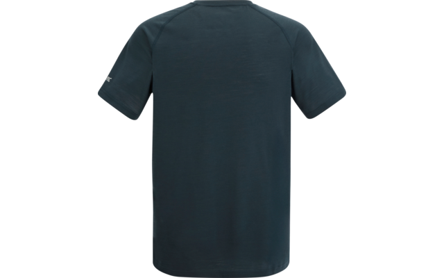 Ein einfarbiges dunkelblaues T-Shirt mit kurzen Ärmeln, Rückansicht, auf weißem Hintergrund