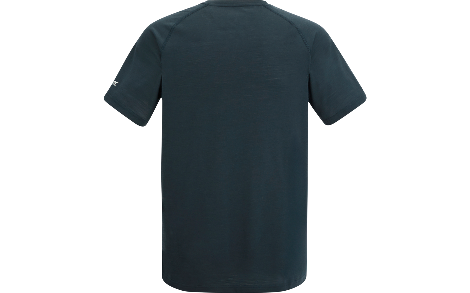 Ein einfarbiges dunkelblaues T-Shirt mit kurzen Ärmeln, Rückansicht, auf weißem Hintergrund