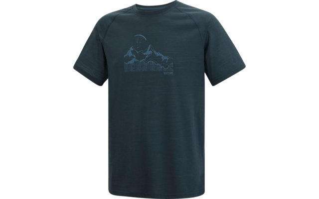 Dunkelblaues kurzärmeliges T‑Shirt mit zentriertem hellblauem Bergmotiv, Halbkreis über den Bergen und kleinem Text unter dem Motiv