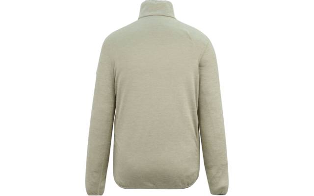 Rückansicht eines hellbeigen Langarm-Pullovers mit Stehkragen und abgerundetem Saum