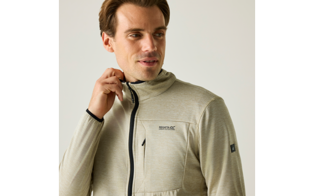 Mann in hellbeiger, leichter Jacke mit Reißverschluss, zieht am Kragen, Blick nach rechts, heller einfarbiger Hintergrund