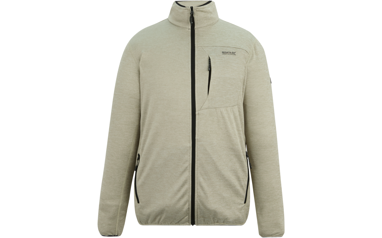 Helle Jacke mit Stehkragen, durchgehendem schwarzen Reißverschluss, senkrechter Brusttasche links, zwei seitlichen Reißverschlusstaschen unten, Logo auf linker Brust, langen Ärmeln