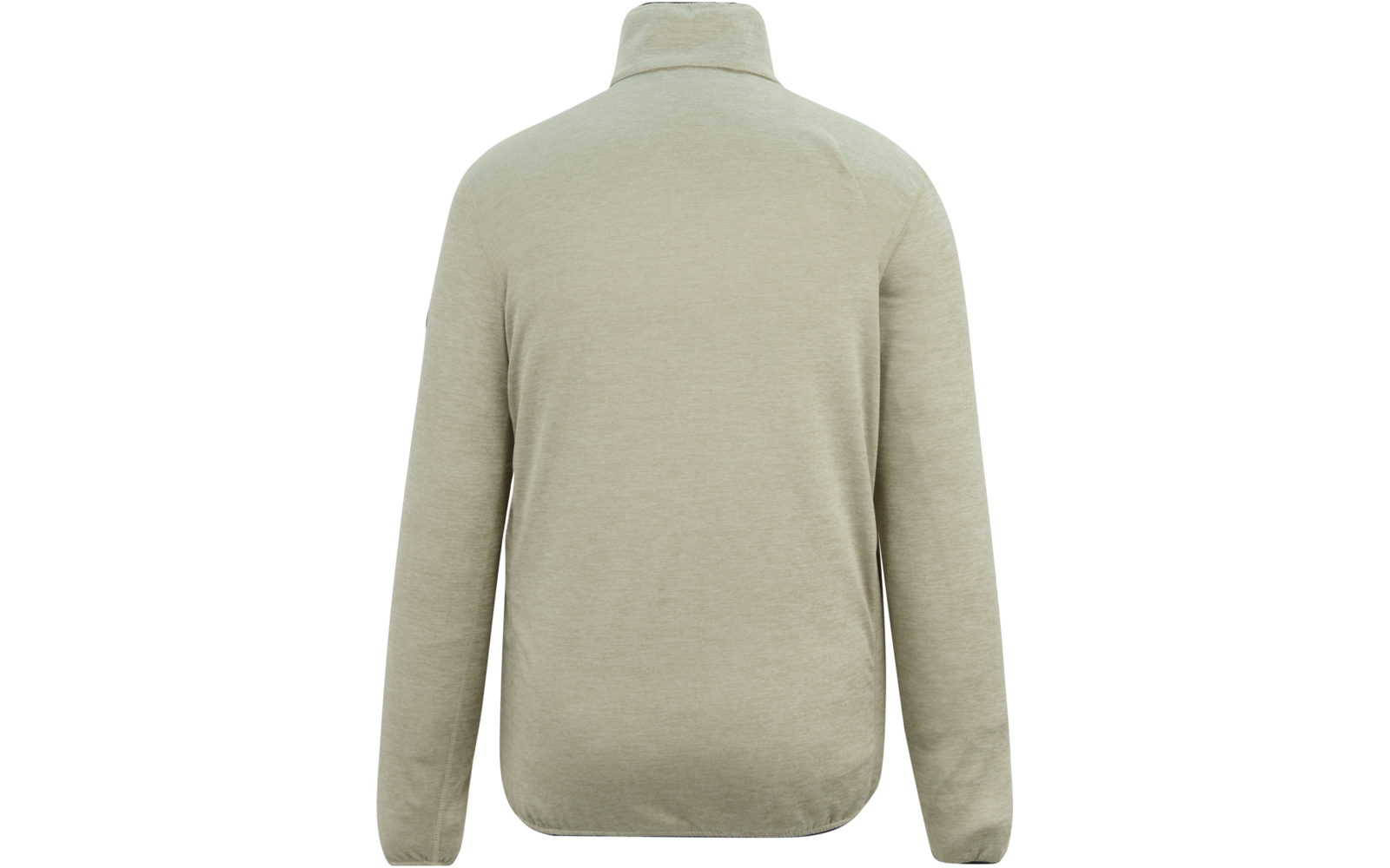 Rückansicht eines hellbeigen Langarm-Pullovers mit Stehkragen und abgerundetem Saum